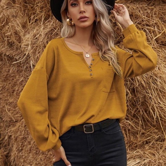 Fall button detail pocket waffle long sleeve top - Picture 3 of 11